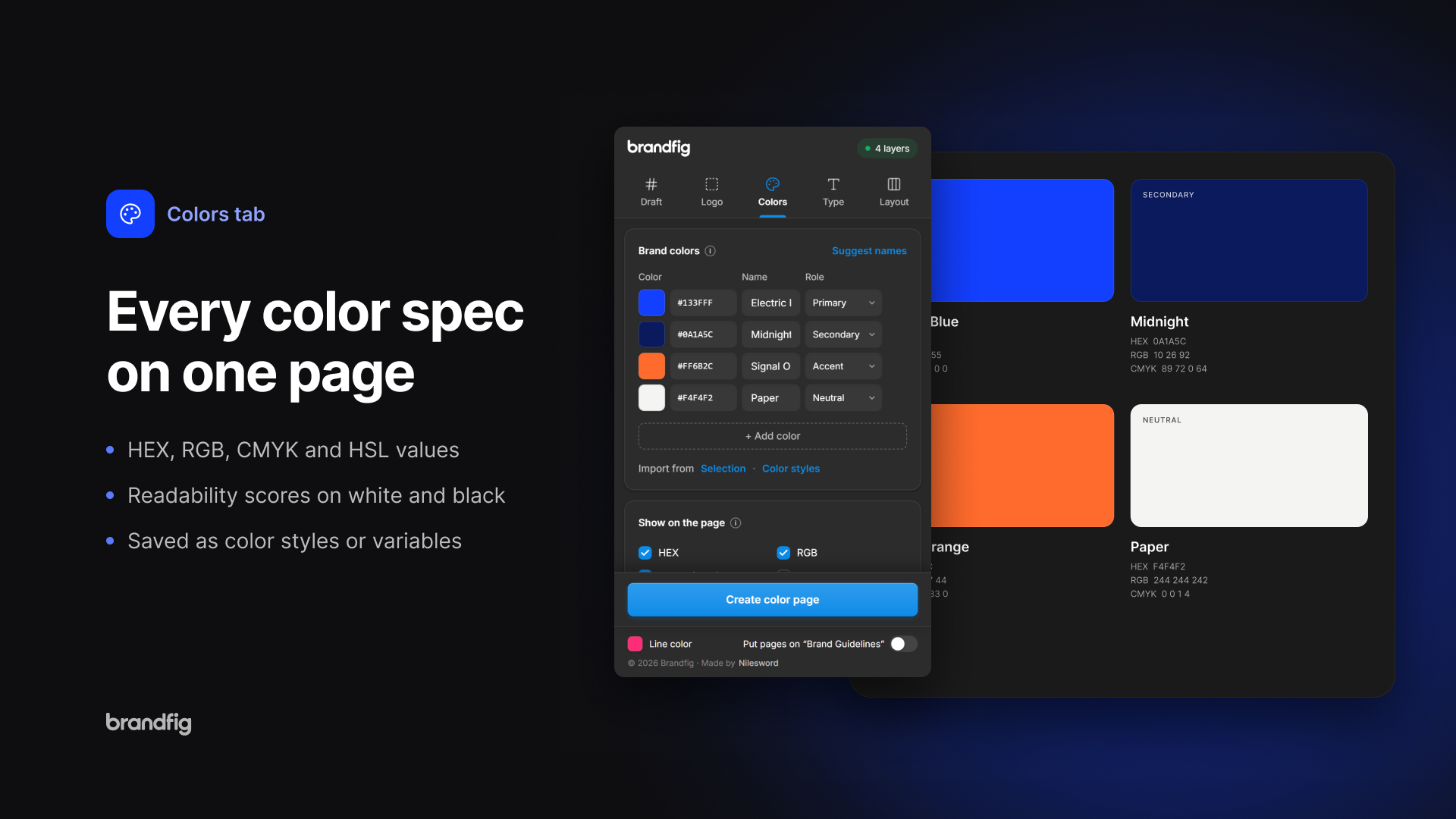 Colors tab: palette sheet with color values