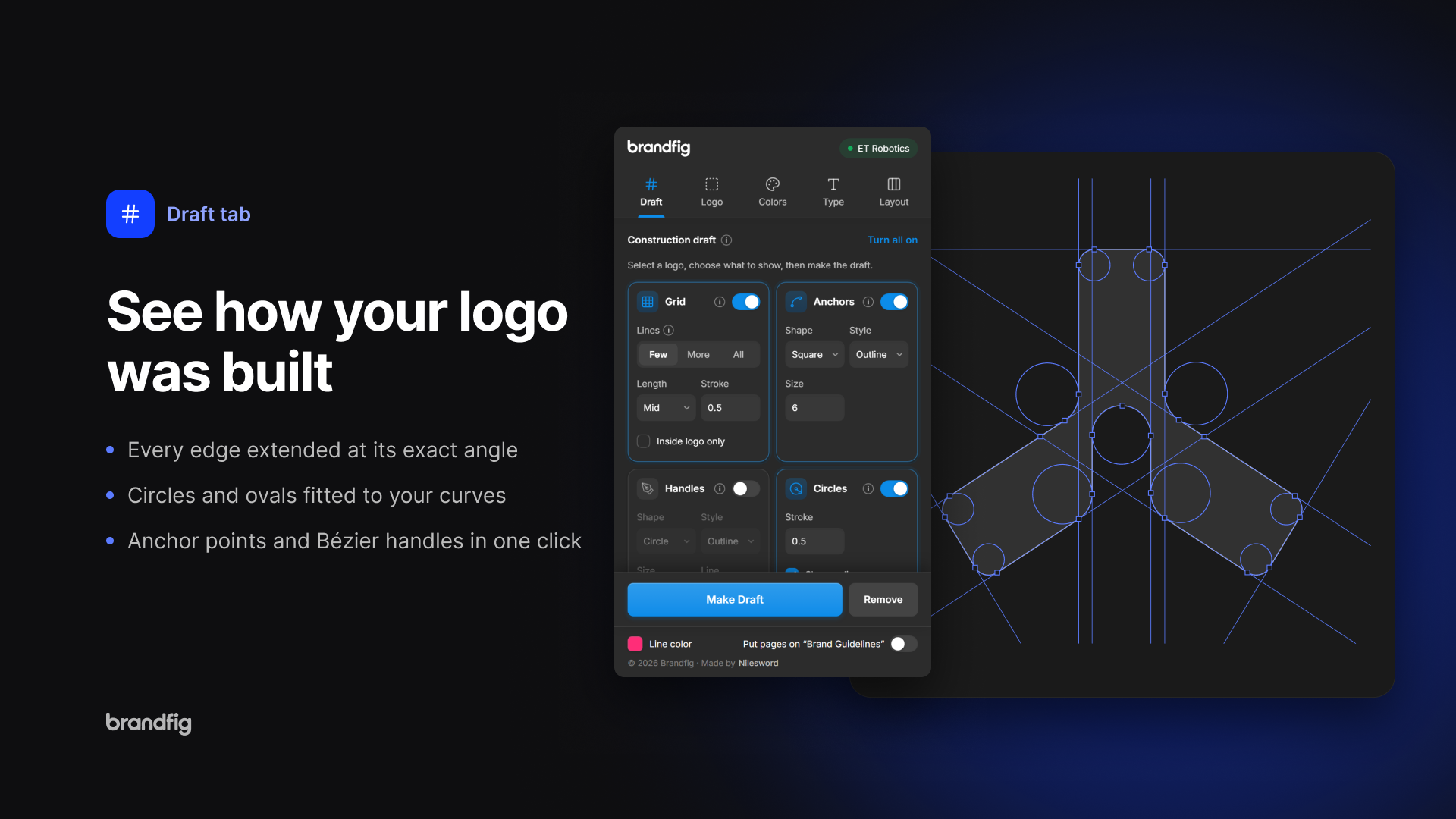 Draft tab: construction lines, circles and ovals over a logo
