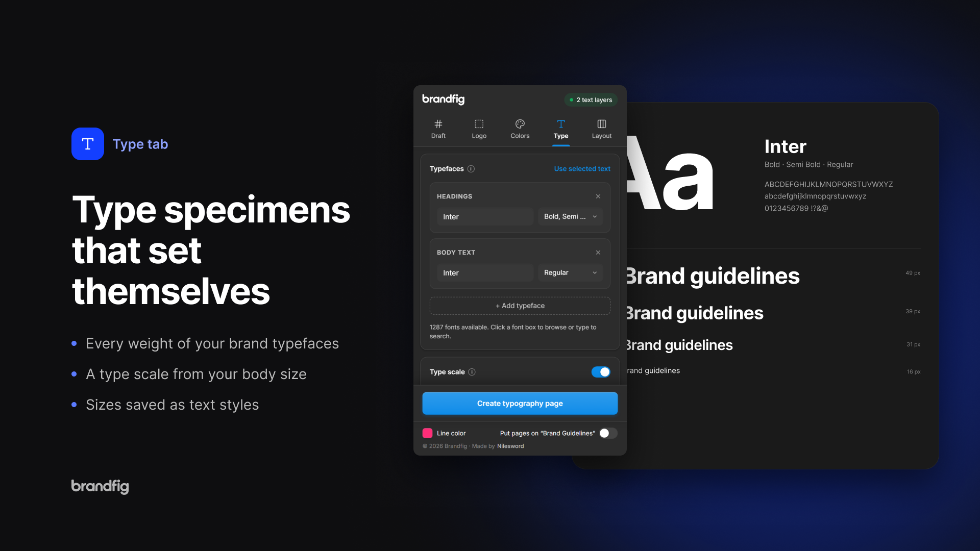 Type tab: type specimen and scale